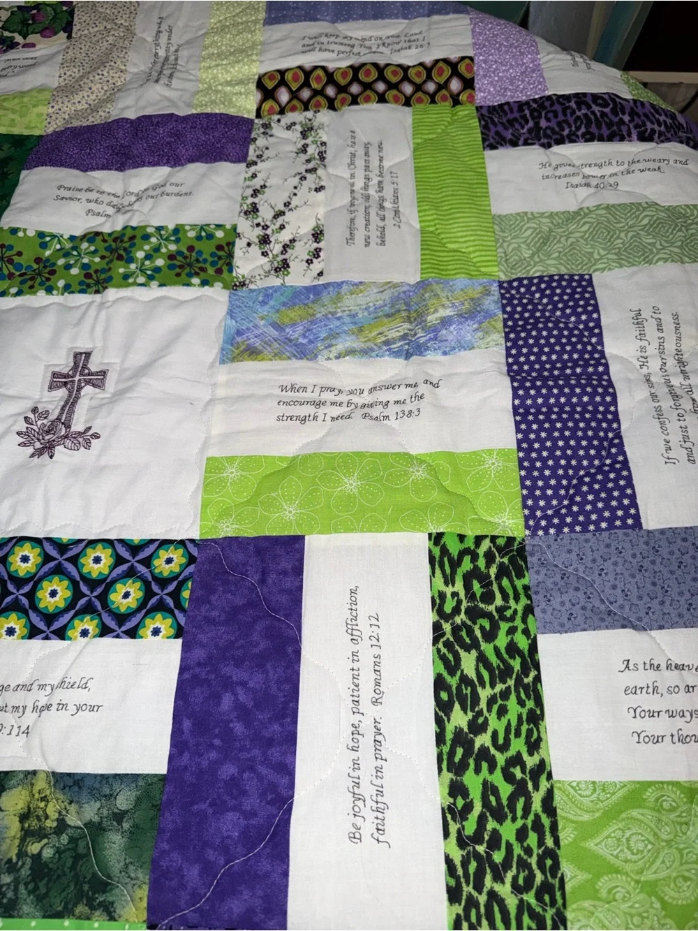 New Handmade Lavender and Green Patchwork Quilt with Scripture Embroidery